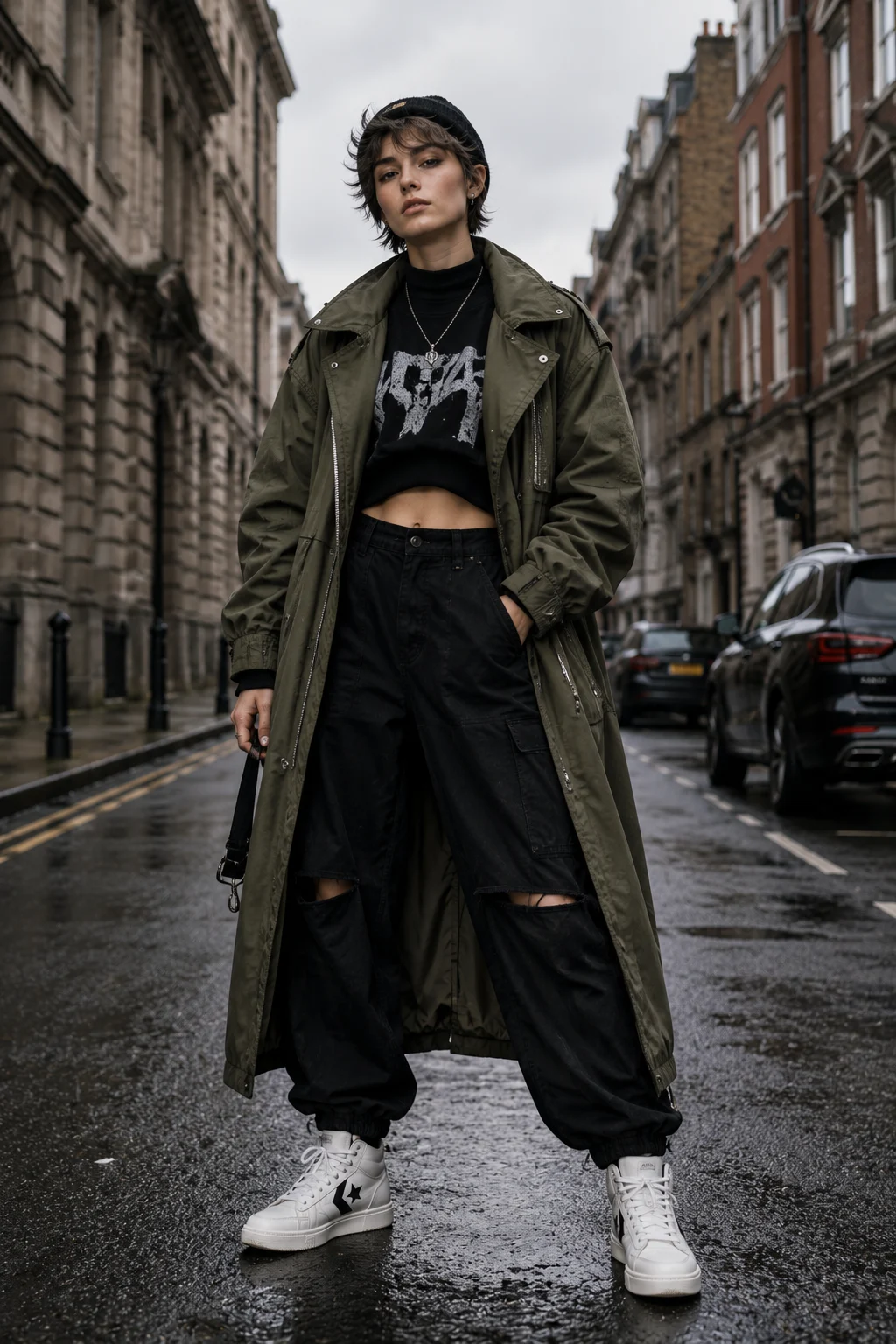 Young Scandinavian fashion subject with cool ivory skin and textured bixie hairstyle standing on a city street in an oversized olive utility coat, black distressed trousers, black beanie, and white high-top sneakers.