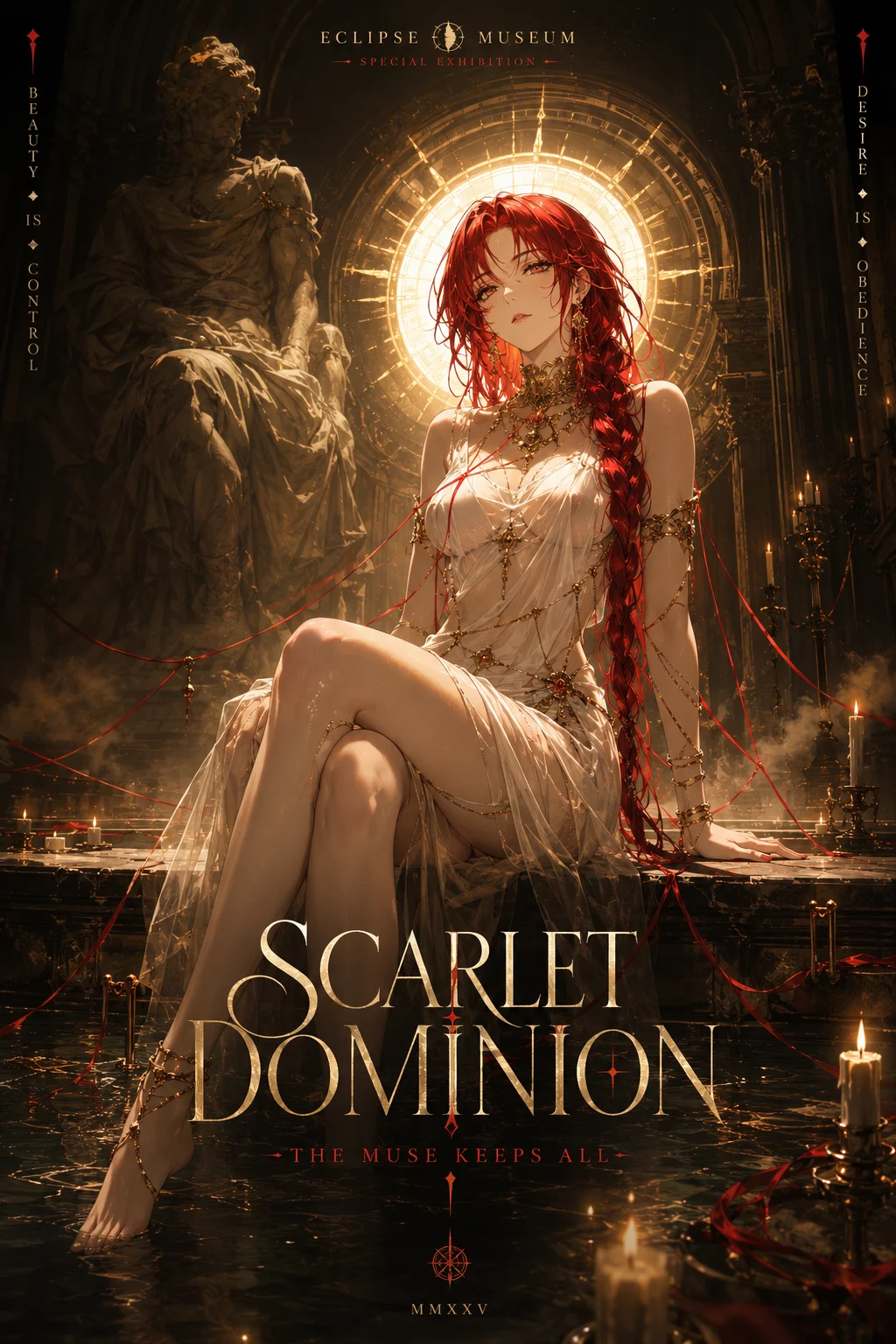poster typography, fashion portrait, woman, cathedral museum hall with reflective pool and candles, standing pose, shown with cinematic visual styling