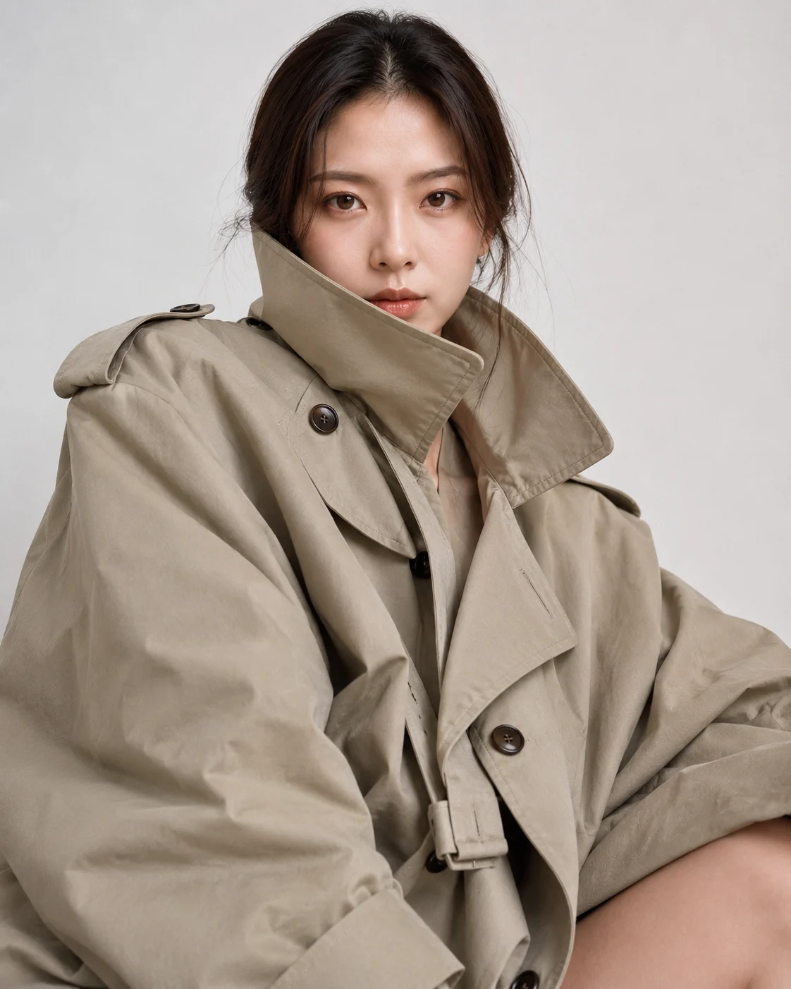 Oversized khaki trench coat editorial with high sculptural collar, soft studio light, and neutral background.