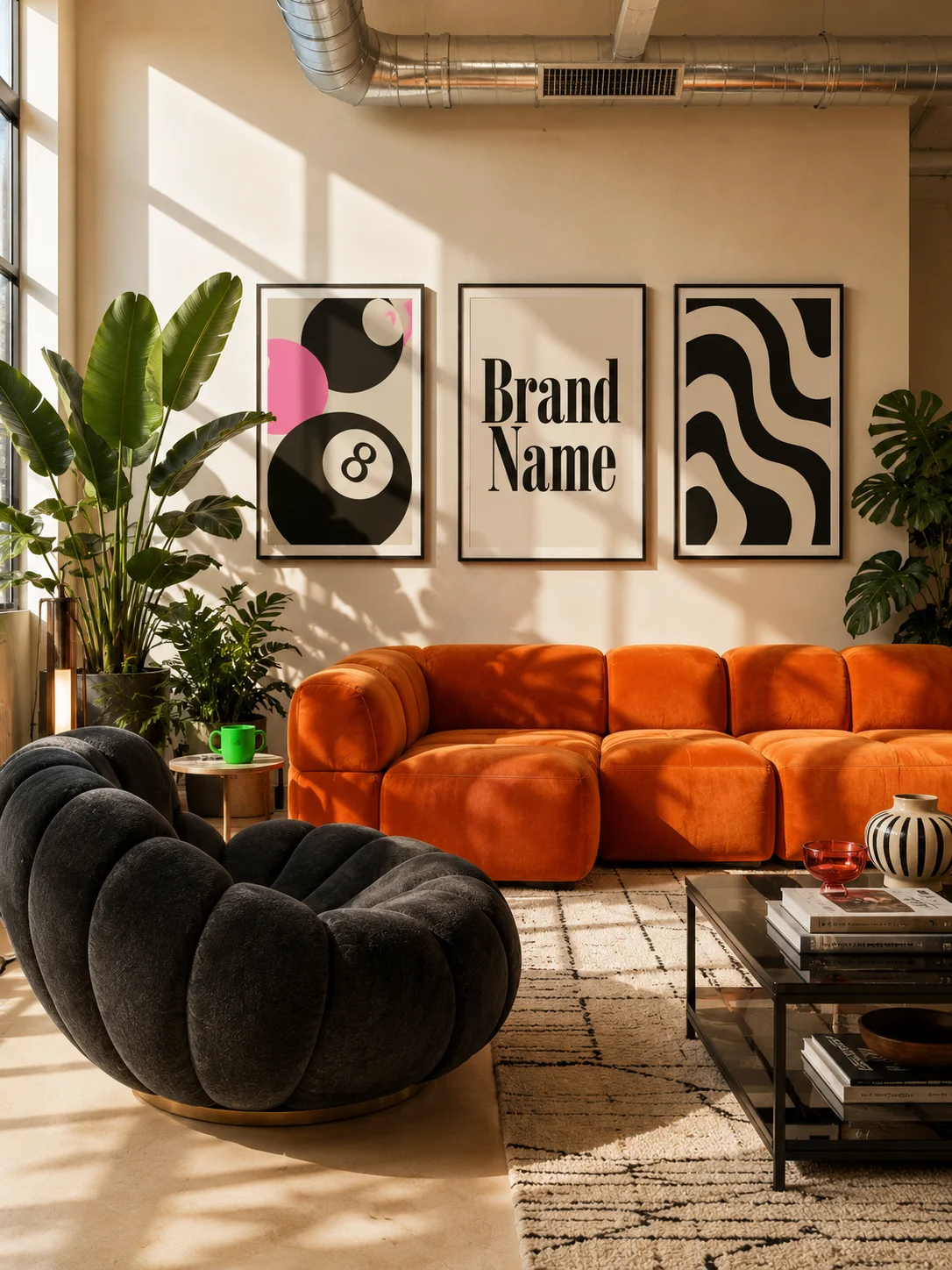 Warm contemporary living room with orange modular sofa, charcoal sculptural chair, plants, artwork, and sunlight.