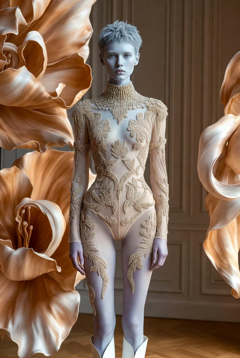 Full-body editorial fashion image of a young Western European woman in a sheer embroidered couture bodysuit framed by oversized petal forms.