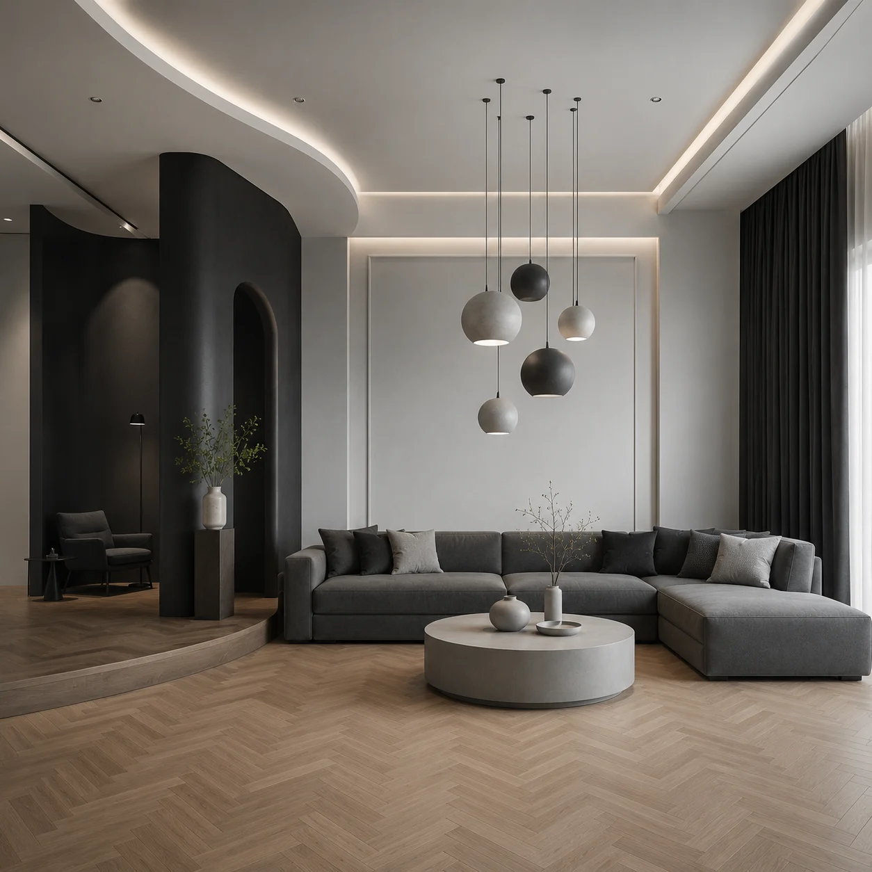 Luxury gray living room with curved charcoal partition, gray sectional, spherical pendant lights, pale coffee table, and herringbone flooring.