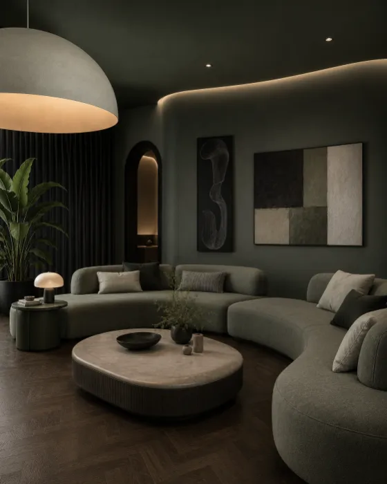 Moody green-gray lounge with curved modular sofas, organic coffee table, oversized pendant, plant, and abstract artwork.