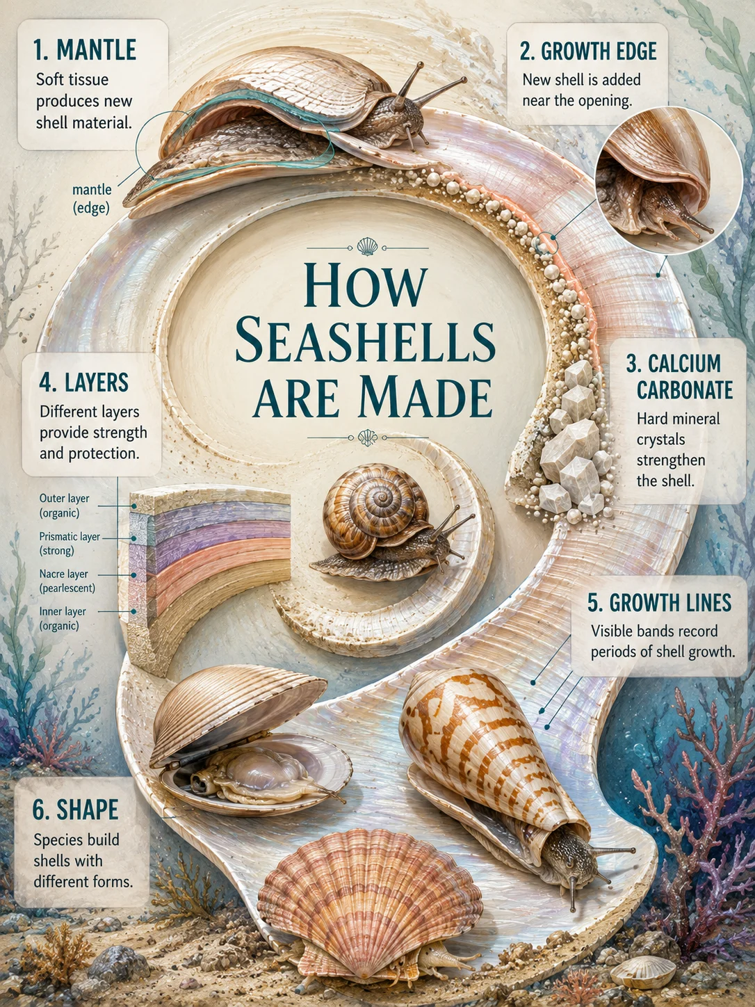 Spiral shell-growth poster with a young mollusk, mantle edge, layered shell section, growth bands, and snail, clam, cone, and scallop shells.