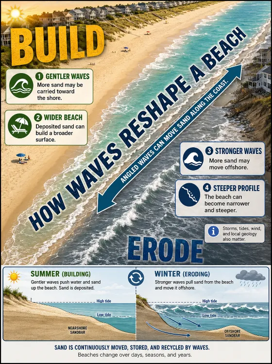 Educational beach comparison poster showing a wider summer beach, narrower winter beach, offshore sandbars, and a longshore movement arrow across a diagonal shoreline.