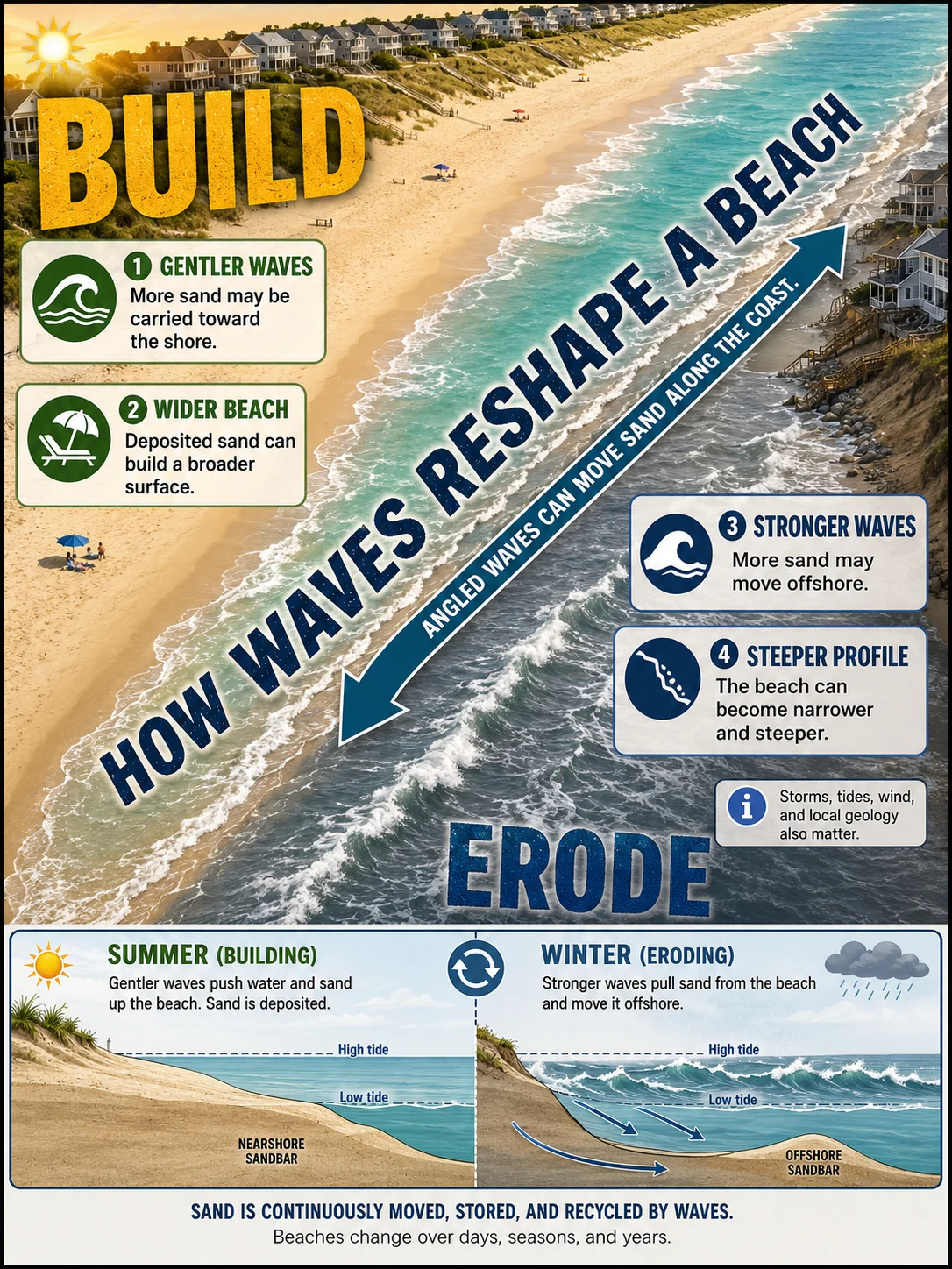 Educational beach comparison poster showing a wider summer beach, narrower winter beach, offshore sandbars, and a longshore movement arrow across a diagonal shoreline.