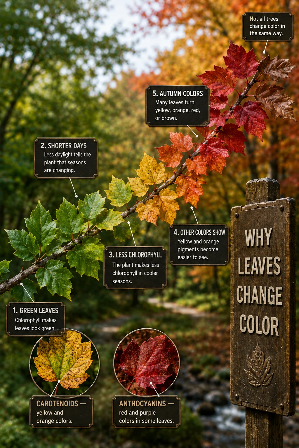 Educational nature poster with a single branch transitioning from green leaves to autumn colors, plus chlorophyll and pigment notes.