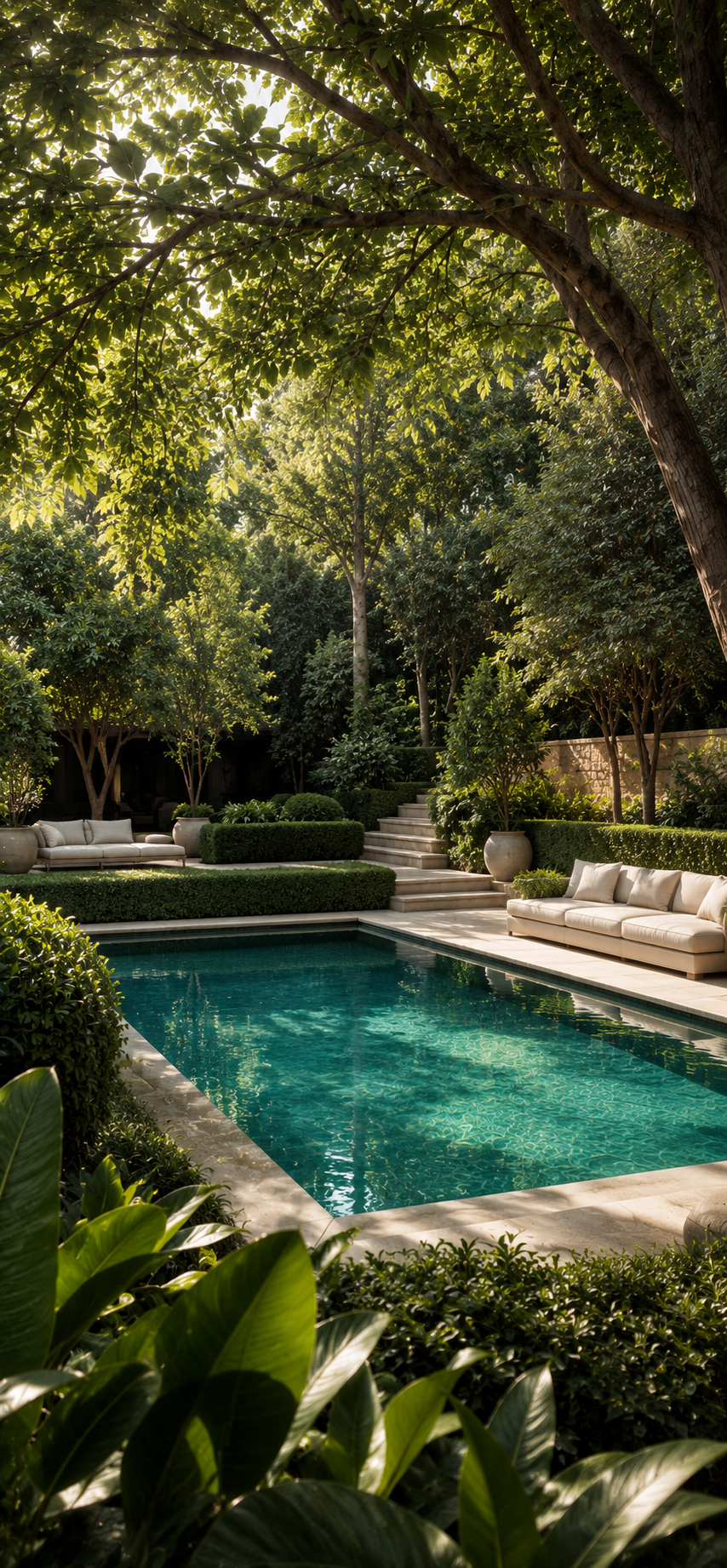 Secluded garden pool with turquoise water, clipped hedges, lounge seating, stone steps, mature trees, and lush greenery.