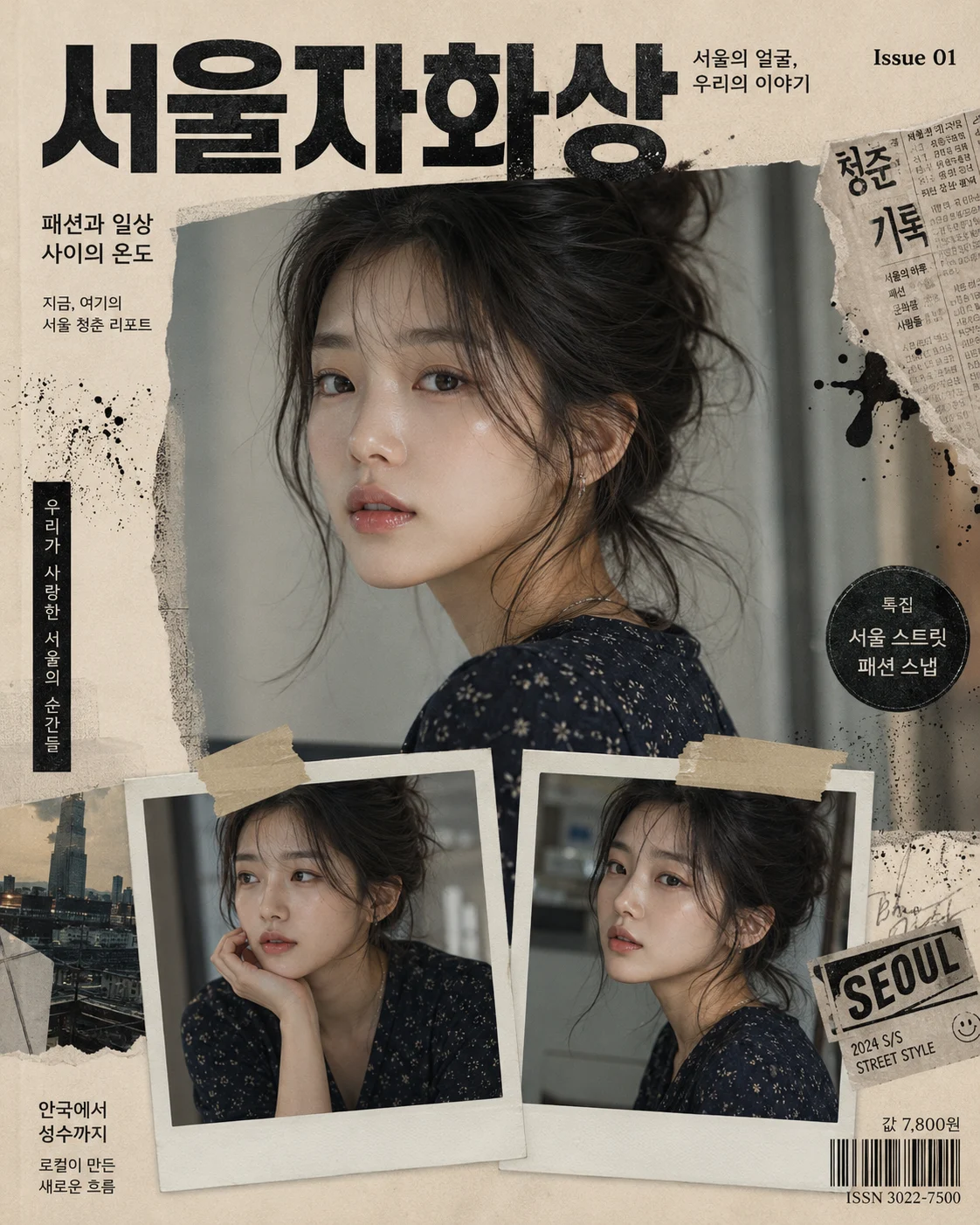 A magazine cover featuring a young Korean woman in a dark patterned dress, with bold Korean text and two Polaroid photos taped on a beige paper backgr
