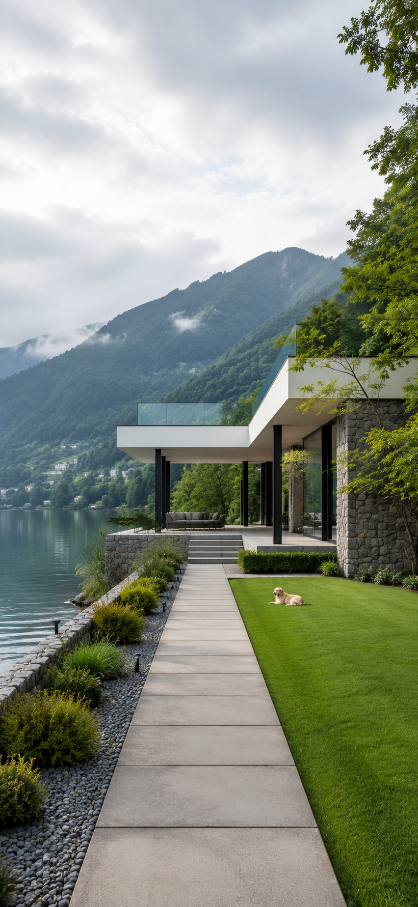 Modern white lakeside villa with stone walkway, green lawn, calm lake water, and forested mountains under overcast sky.