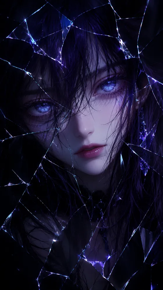 Vertical anime portrait of a dark-haired character with luminous blue eyes, fractured glass cracks, and cyan highlights on a black background.