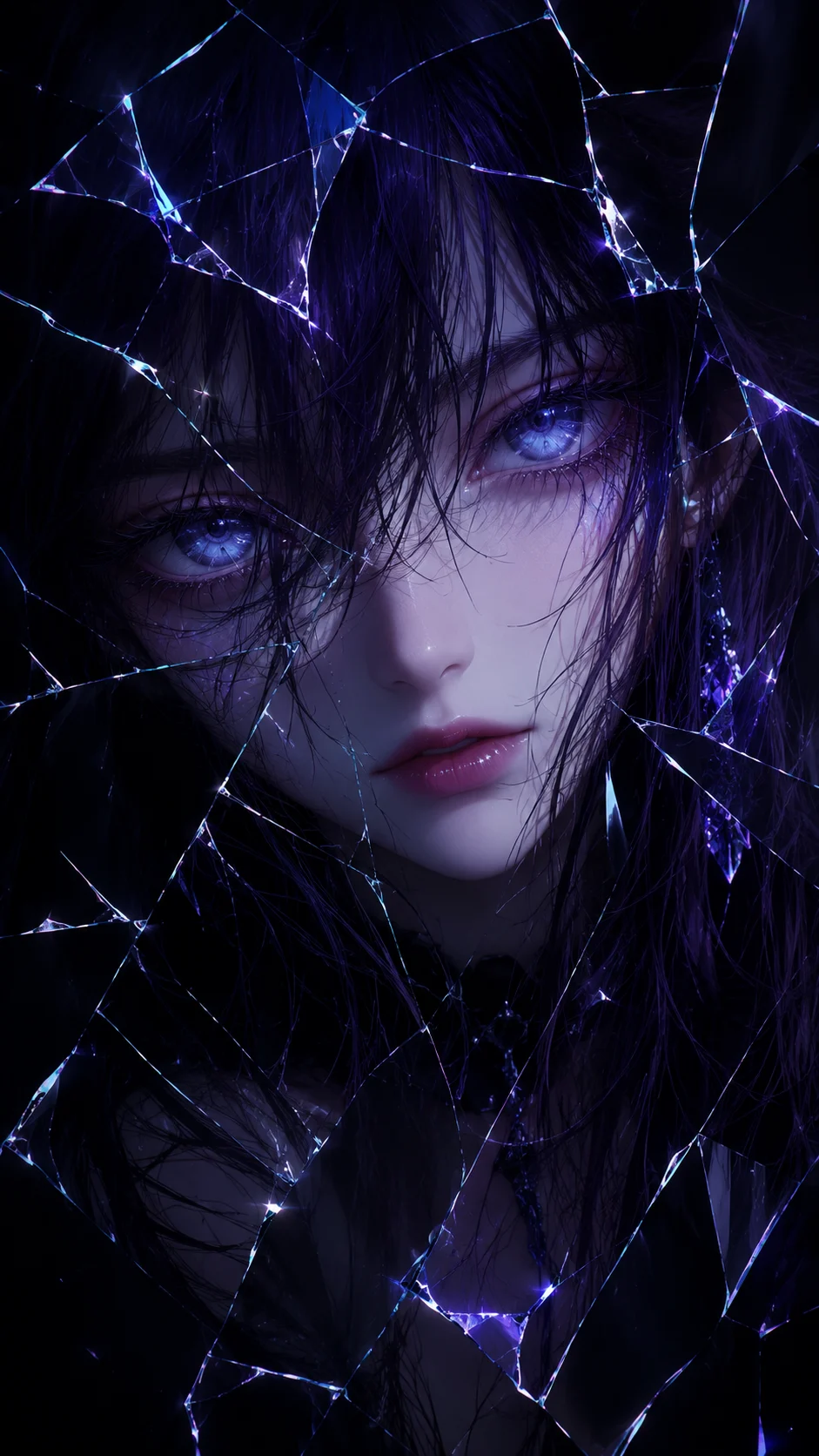 Vertical anime portrait of a dark-haired character with luminous blue eyes, fractured glass cracks, and cyan highlights on a black background.