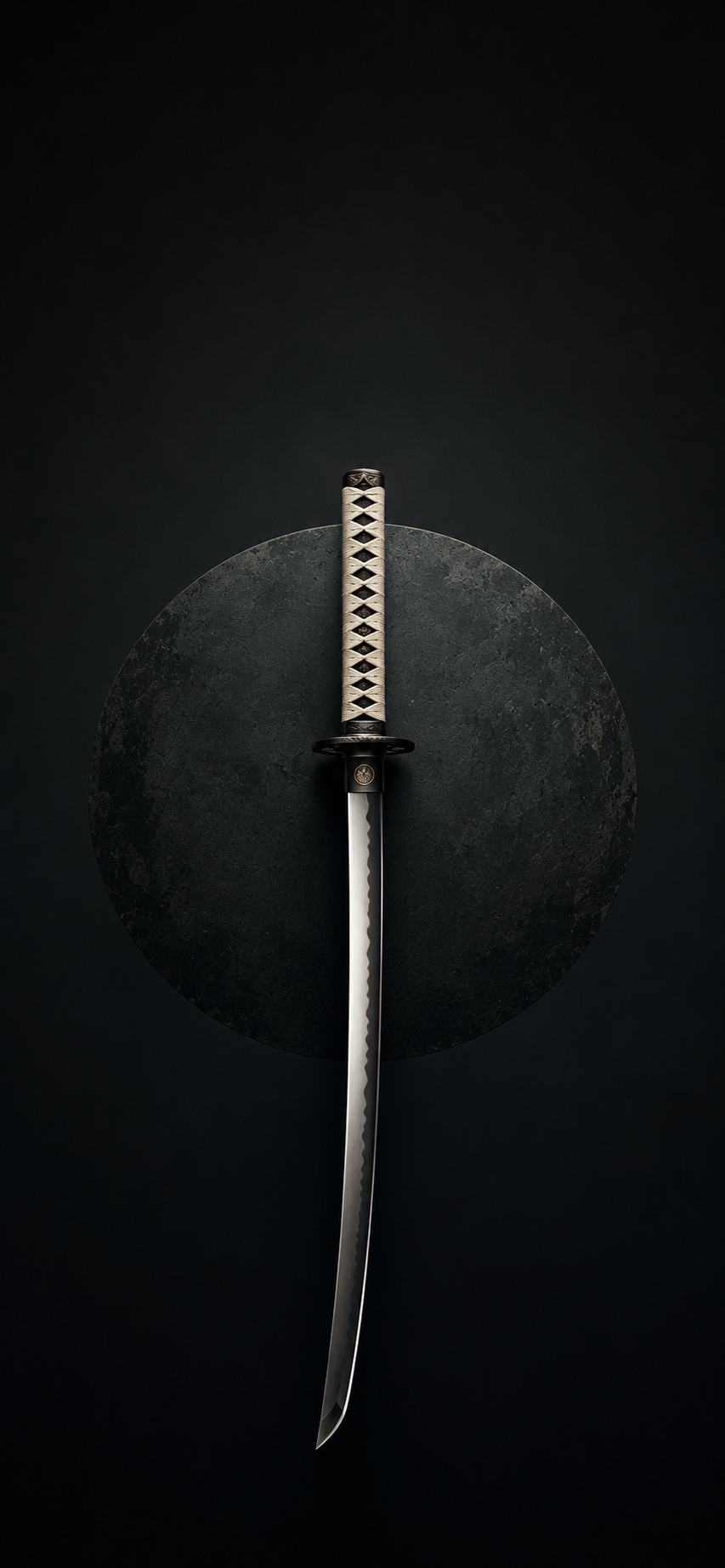 Minimal katana centered against a textured circular backdrop on a dark charcoal background.