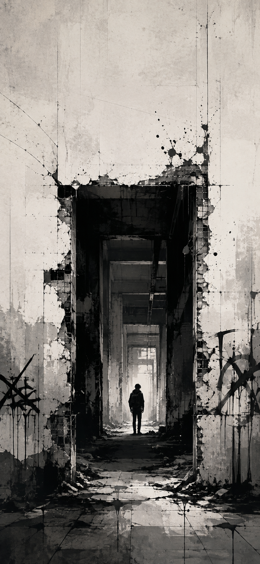 Monochrome abandoned corridor with broken concrete walls, ink splatter, debris, abstract graffiti marks, and a small dark silhouette standing in the distance.