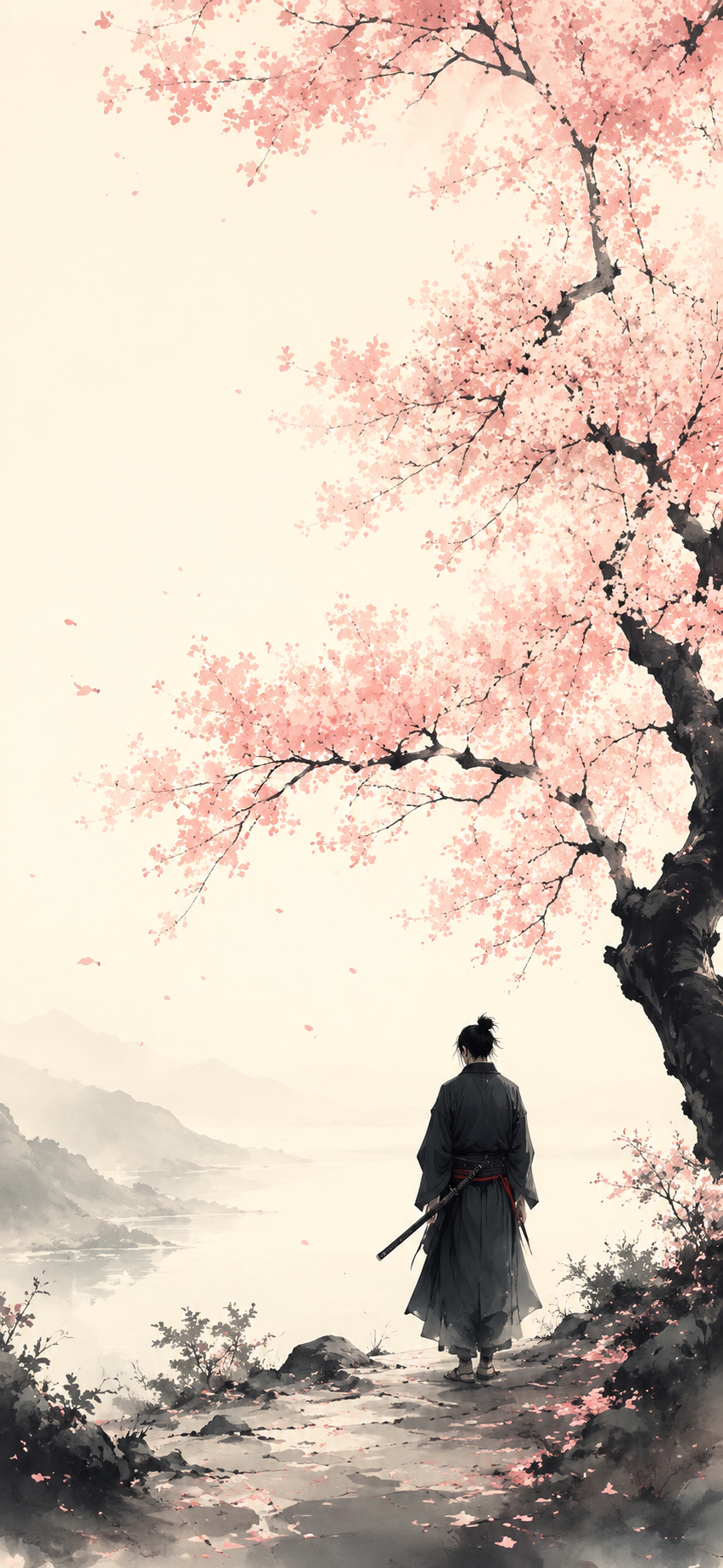 Minimal ink-style samurai standing beneath blooming pink cherry blossoms with falling petals.