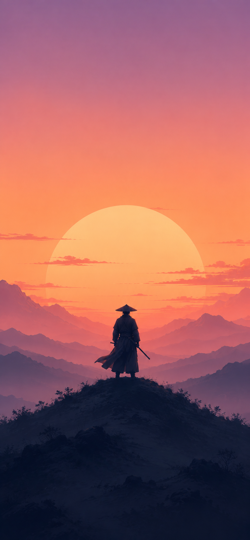 Minimalist silhouette of a lone swordsman before a giant pastel sunset.