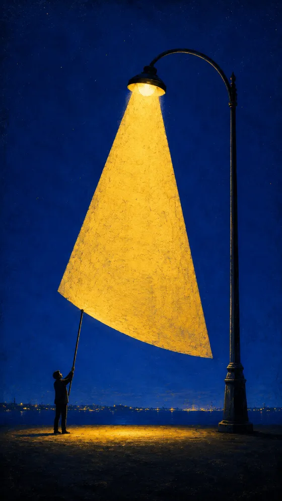 Surreal blue night illustration with a giant yellow streetlamp beam and a small silhouetted figure.