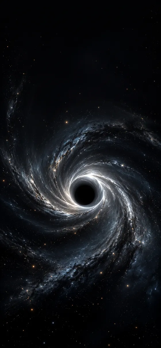 Dark iPhone wallpaper with a silver-white spiral black hole, central void, dense stars, and deep black space.