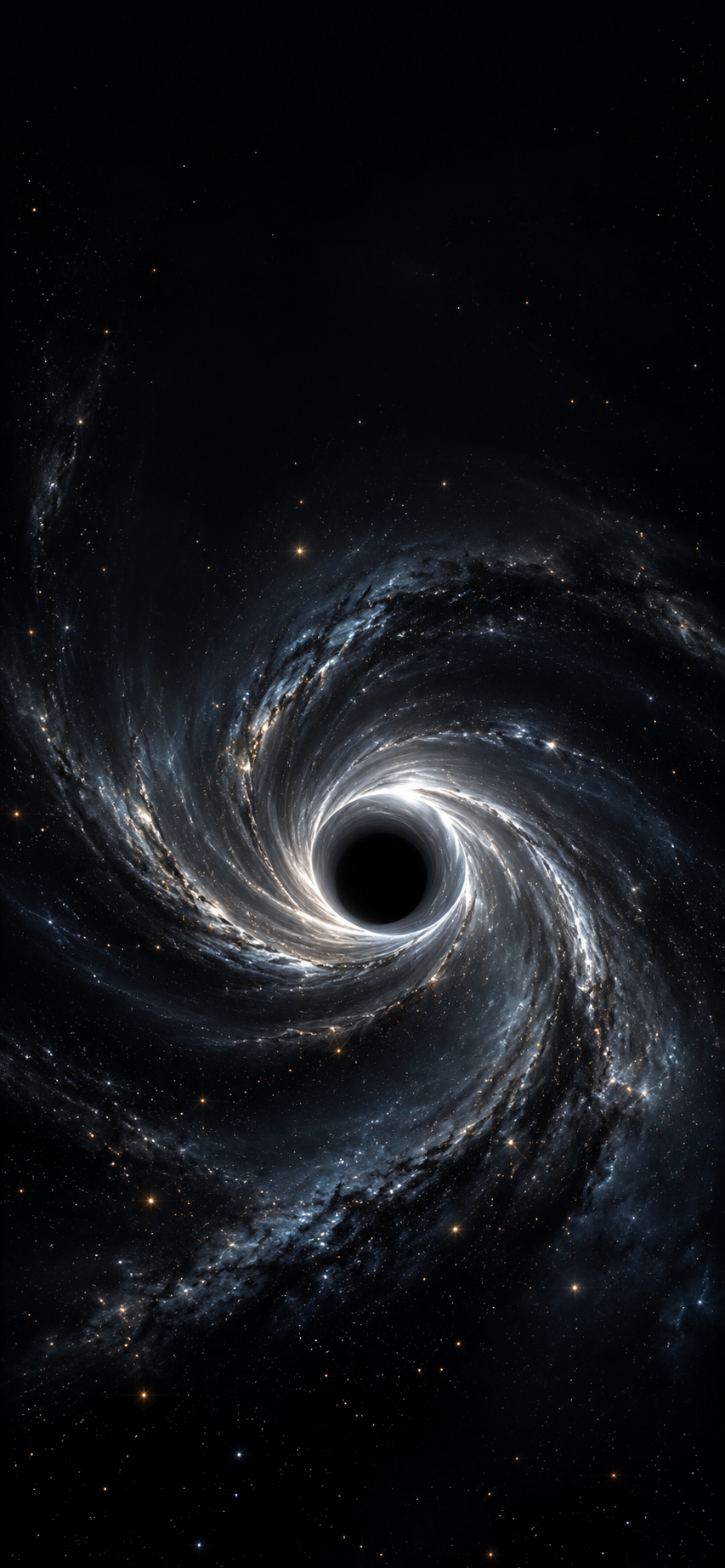 Dark iPhone wallpaper with a silver-white spiral black hole, central void, dense stars, and deep black space.