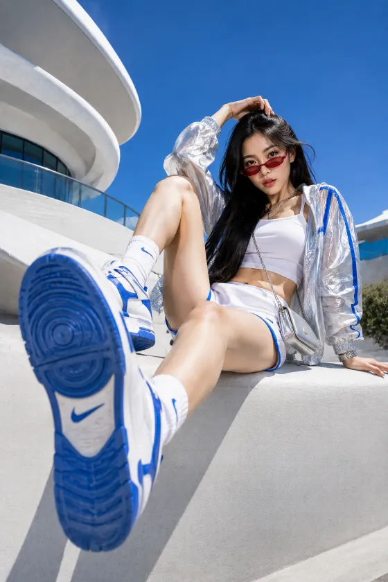 Vertical futuristic sportswear editorial with a large foreground sneaker, silver windbreaker, white architecture, and blue sky.