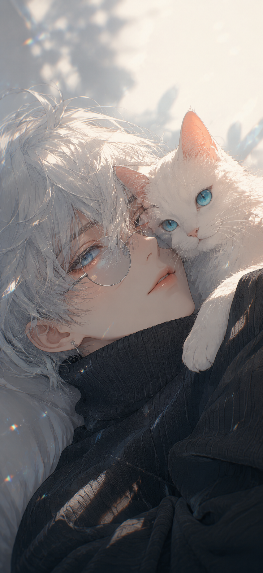 Silver-haired anime person wearing round glasses while holding a white cat with bright turquoise eyes in a close portrait.