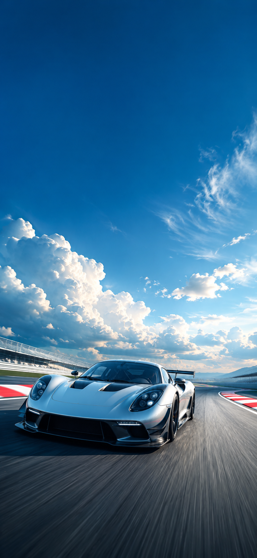 Silver high-performance sports car on a racetrack beneath a dramatic blue sky.