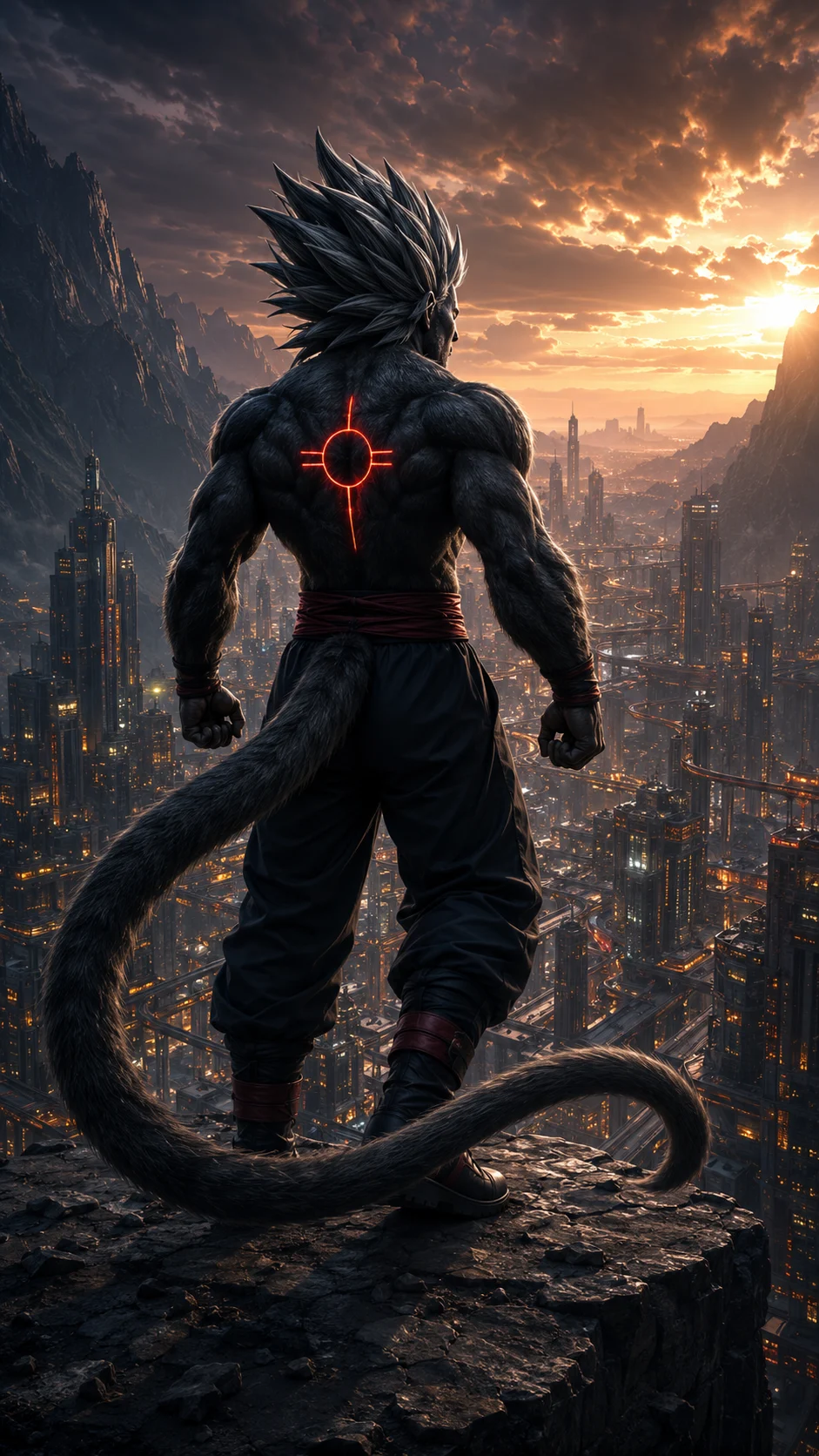 Original silver-haired fantasy warrior with charcoal fur, glowing red back sigil, and looping standing on a mountain ledge overlooking a vast city at sunset.