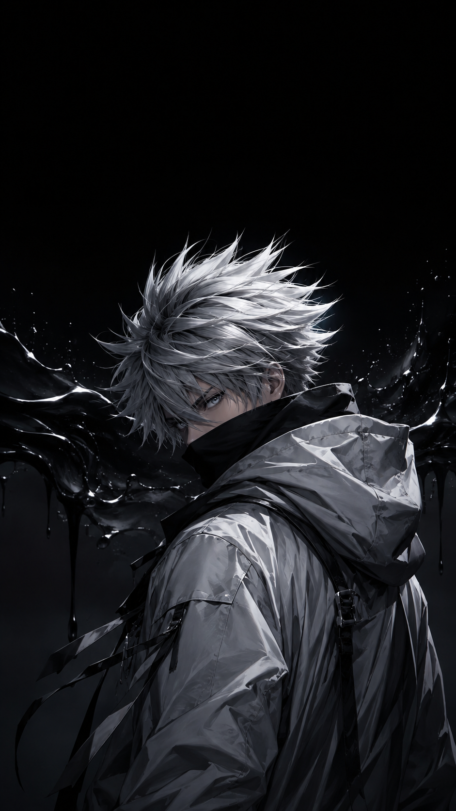 Original masked silver-haired anime rogue in a gray hooded jacket against a deep black OLED background with subtle glossy shadow drips