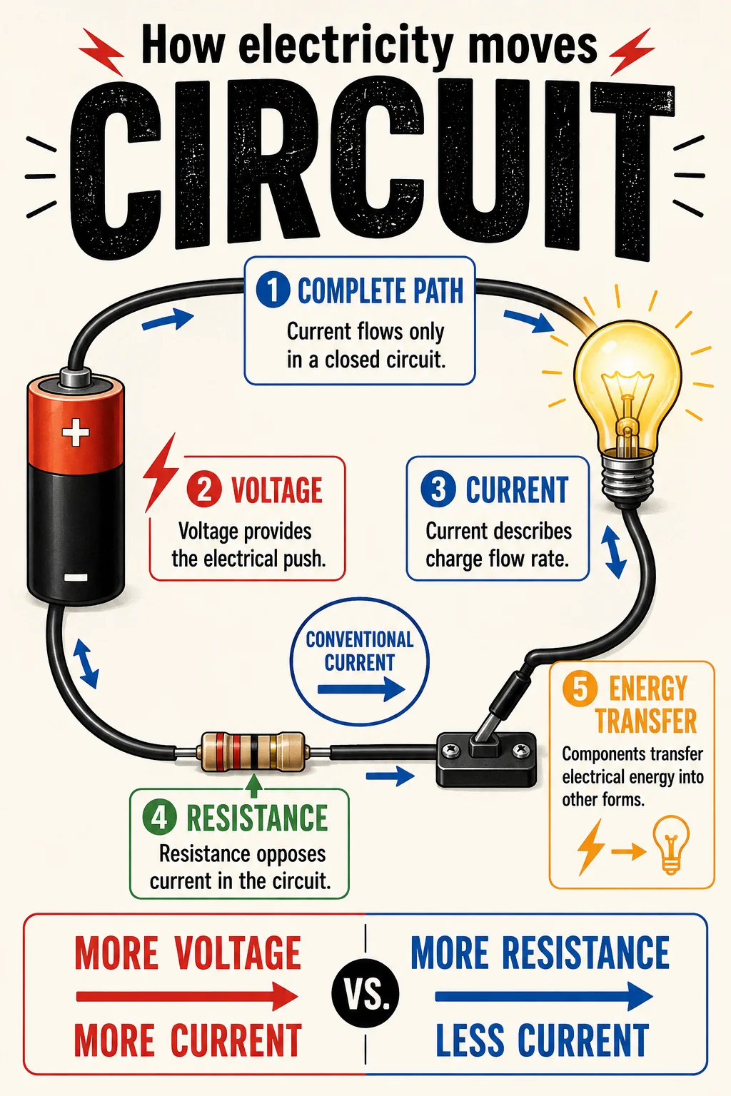 Educational circuit chart with a closed loop, red voltage accents, blue current accents, a glowing bulb, five concepts, and two comparison statements.