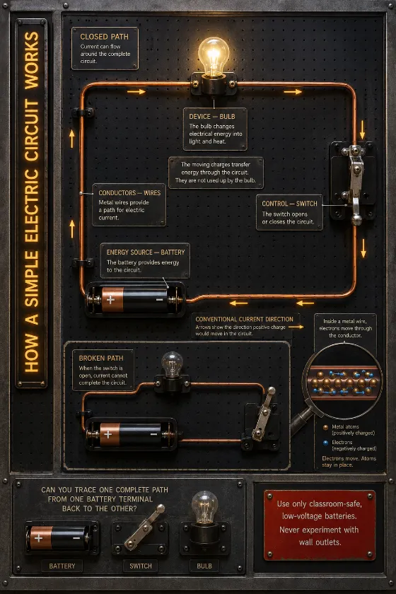Educational circuit board with a battery, wires, switch, glowing bulb, open-switch inset, current-direction arrows, and electron wire cutaway.