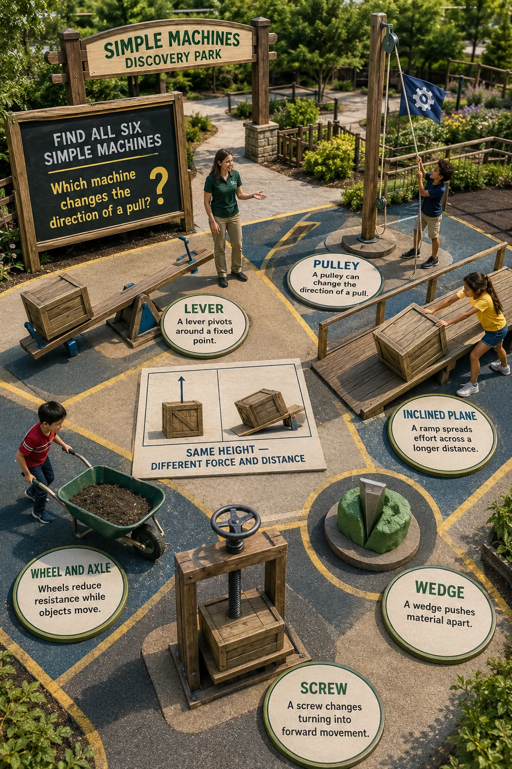 Educational discovery park with a lever, pulley, inclined plane, wheel and axle, wedge, screw, challenge board, teacher, and three children.