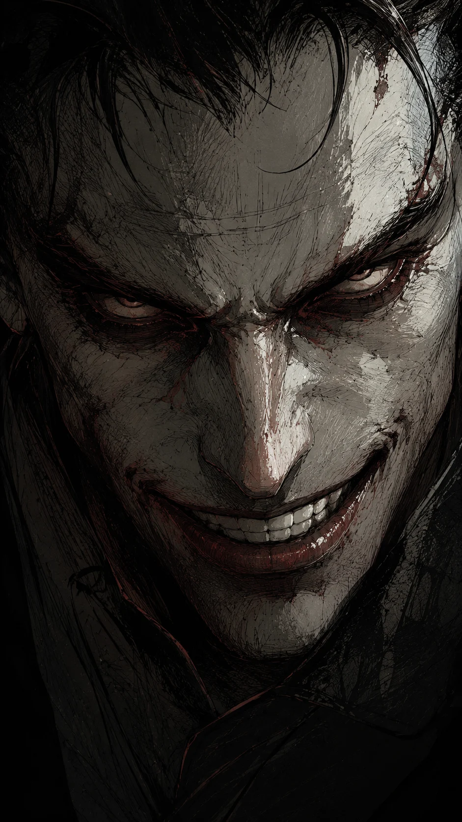Sinister cross-hatched humanoid portrait with intense eyes and crimson accents.