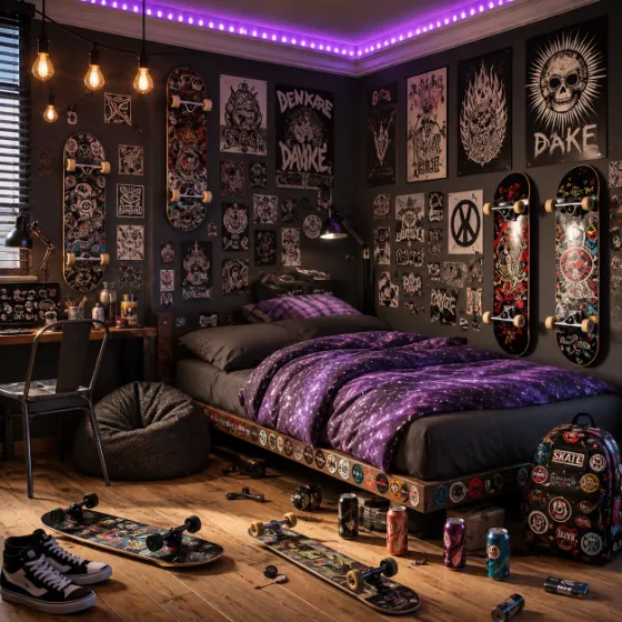 Dark skateboard collector bedroom with graphic wall art, purple LED lighting, low bed, mounted skateboards, and warm wood flooring.