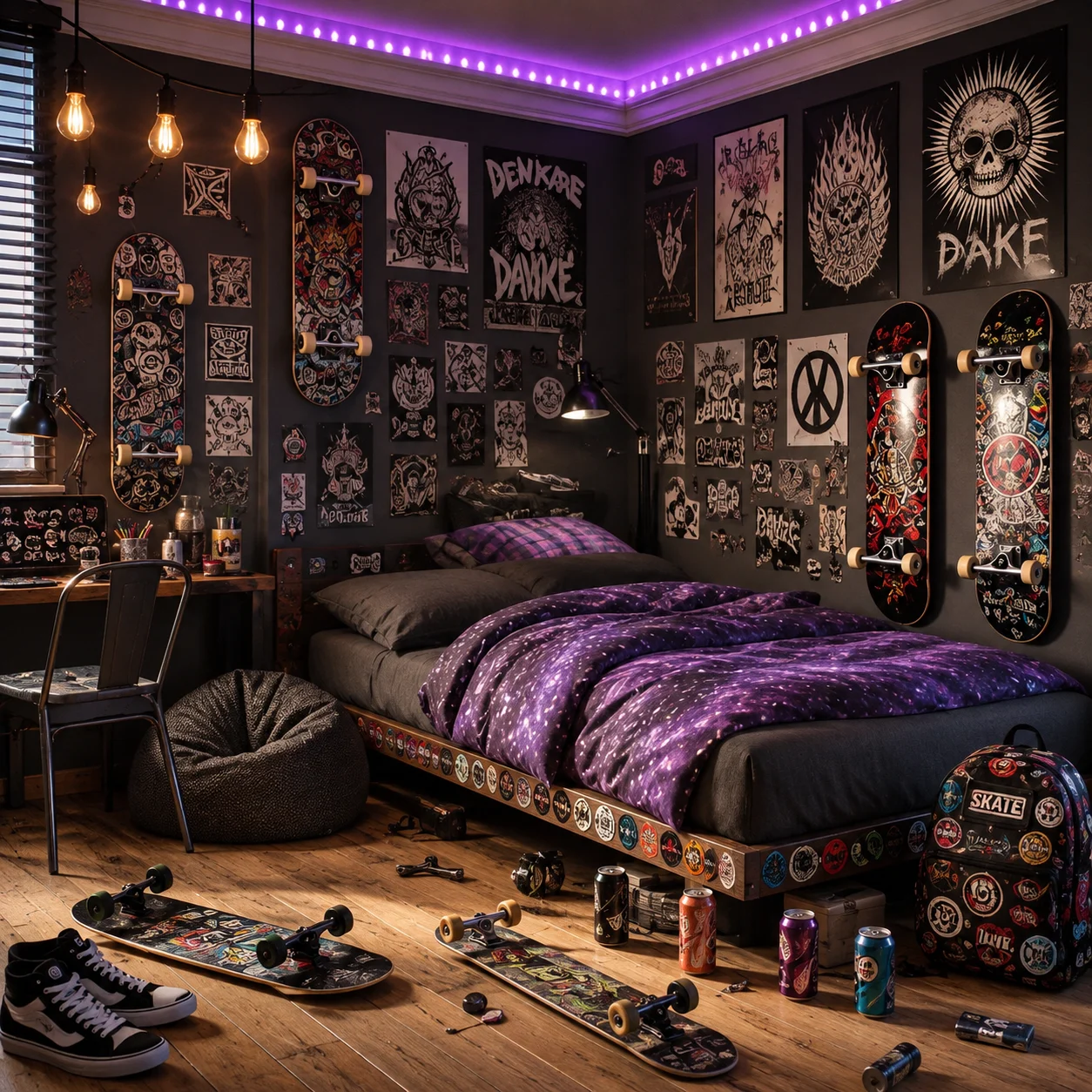 Dark skateboard collector bedroom with graphic wall art, purple LED lighting, low bed, mounted skateboards, and warm wood flooring.
