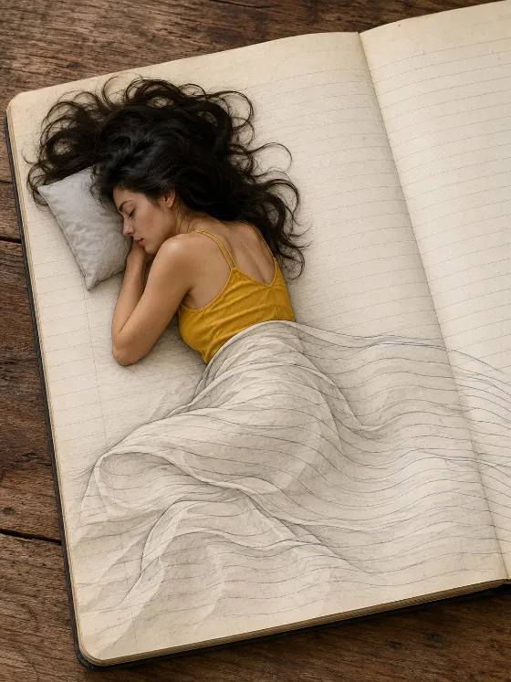 A sleeping figure on an open notebook with dark hair and a mustard-yellow top, her body turning into flowing blue-gray ruled lines.