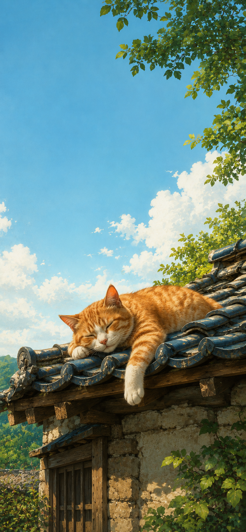 Orange tabby cat peacefully sleeping on blue ceramic roof tiles under a bright blue sky.