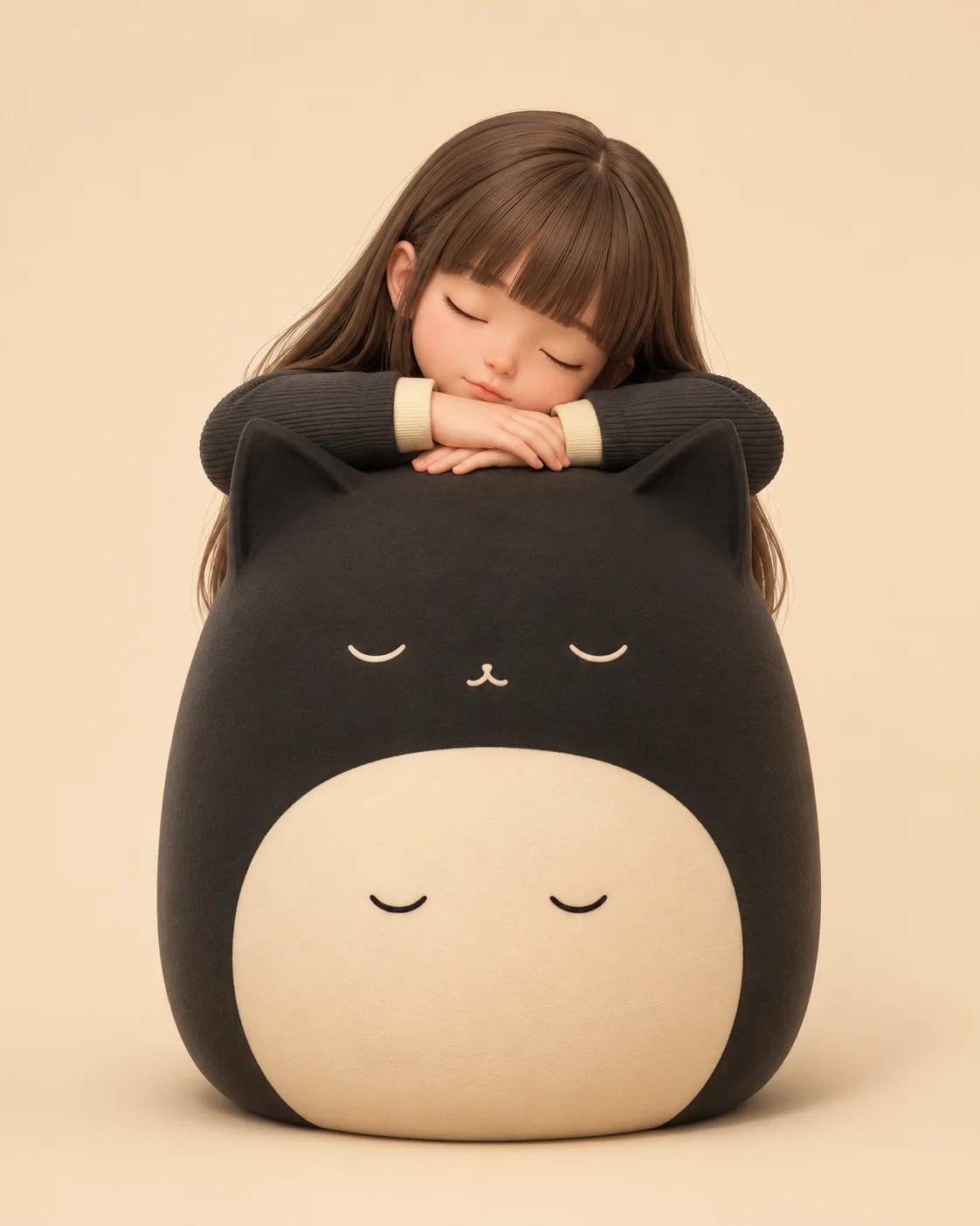 Whimsical black cat guardian with a pale belly and a sleepy childlike figure resting on its head.