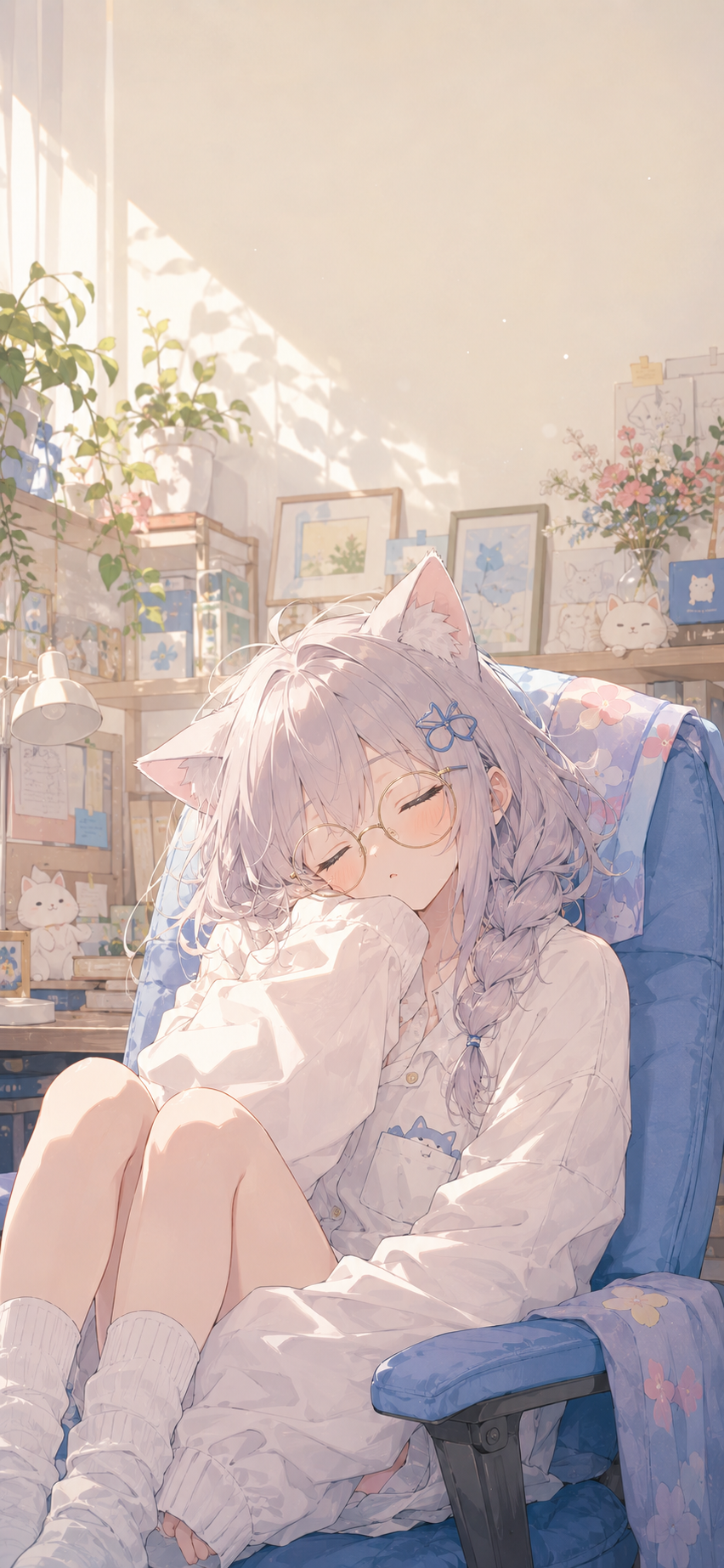 Sleepy cat-eared anime girl with round glasses resting in a blue chair in a cozy pastel study room wallpaper