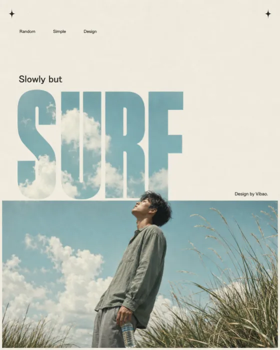 Vertical retro poster with oversized cloud-filled SURF text above a low-angle model holding a water bottle in tall grass.