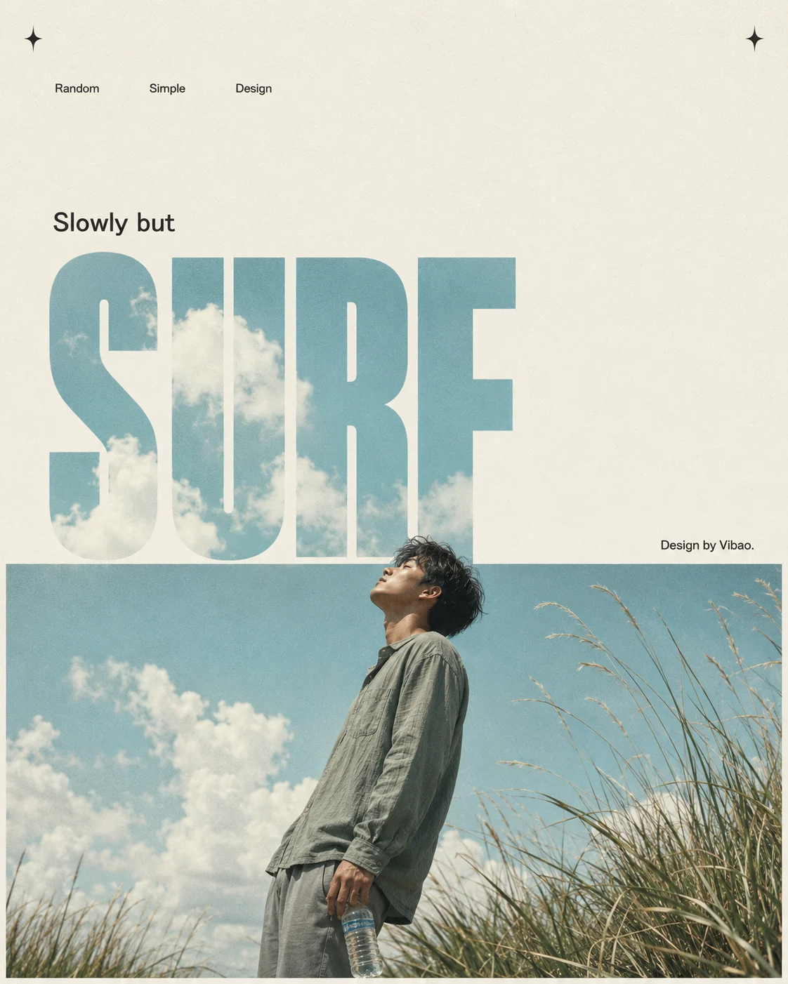 Vertical retro poster with oversized cloud-filled SURF text above a low-angle model holding a water bottle in tall grass.