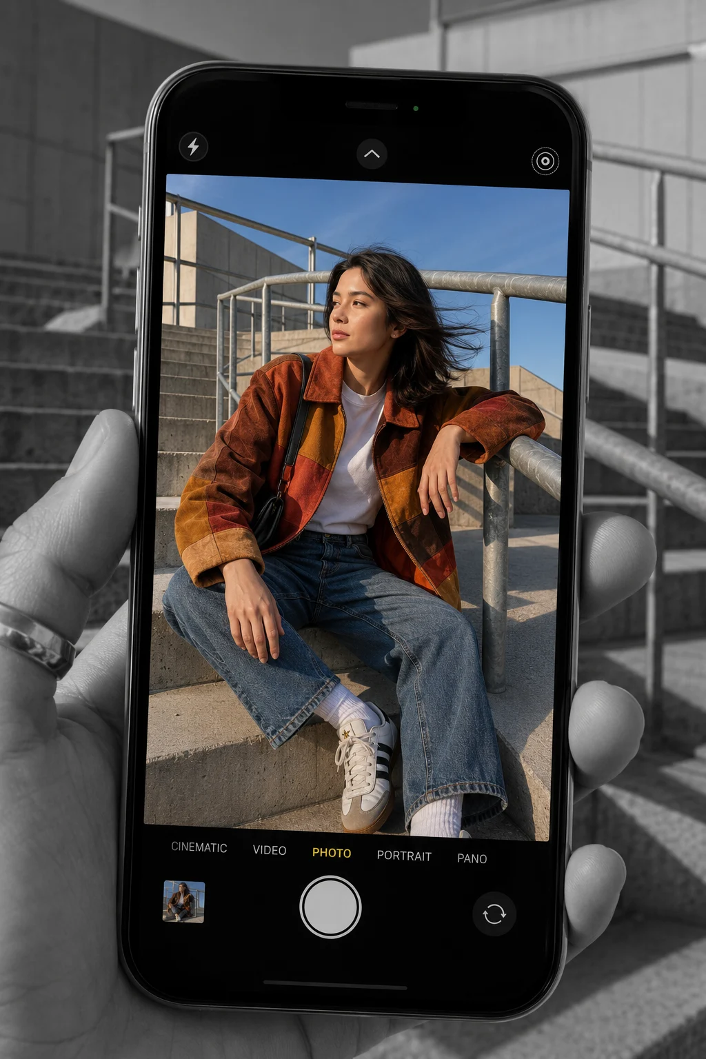 product in street, shown with smartphone-style photo styling