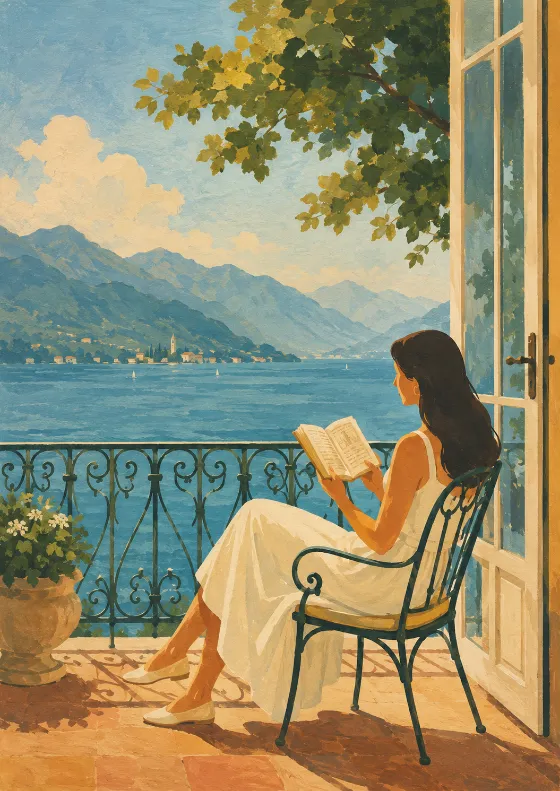 Vintage gouache poster illustration of a calm lakeside balcony reader with lake, mountains, and greenery.