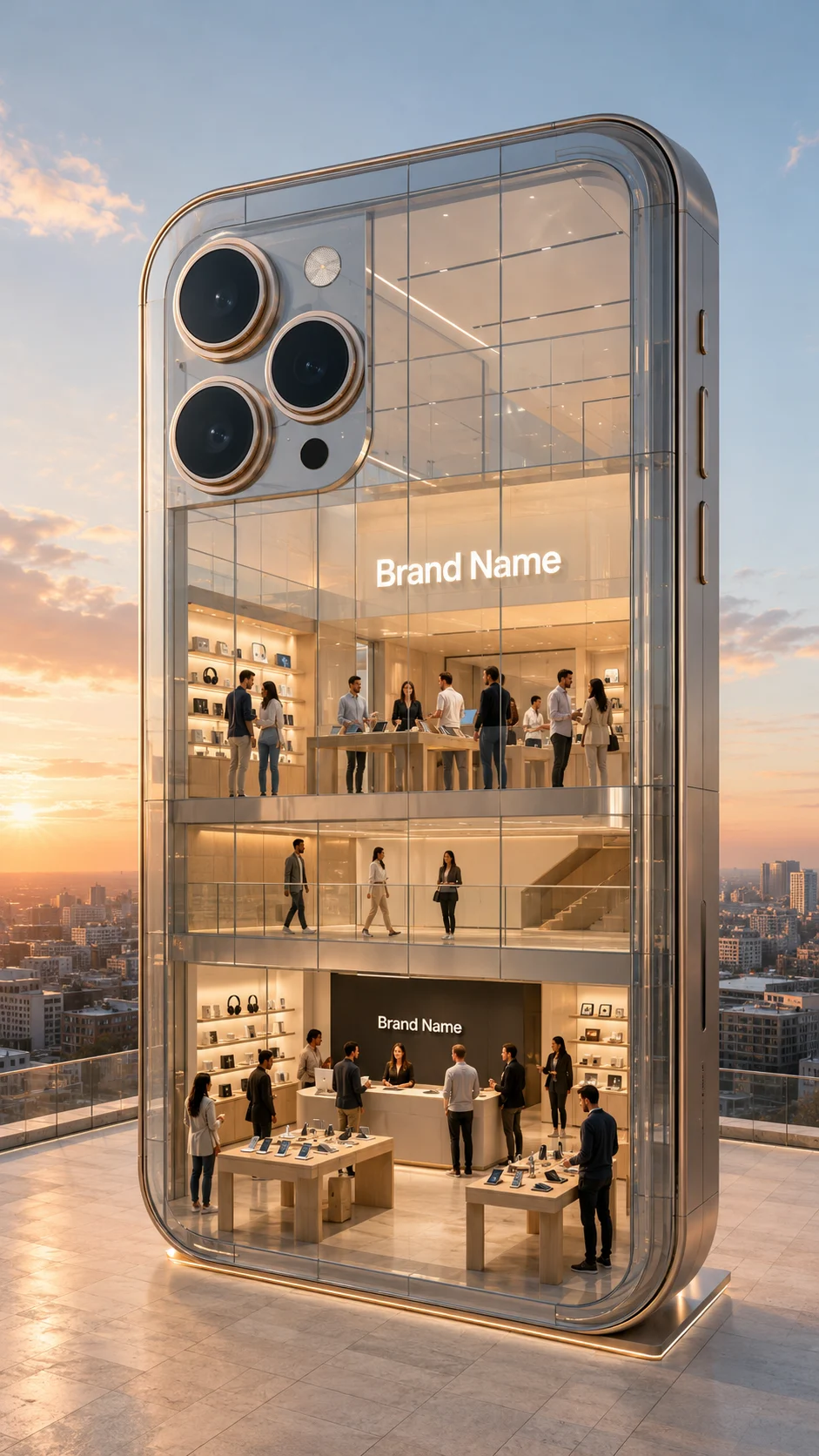 Transparent smartphone-shaped flagship showroom with two retail floors and a three-lens facade feature on a city rooftop.