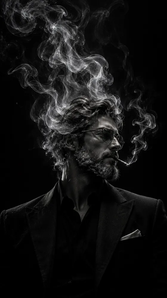 Monochrome portrait of a suited man with glasses and beard surrounded by flowing white smoke on a black background.
