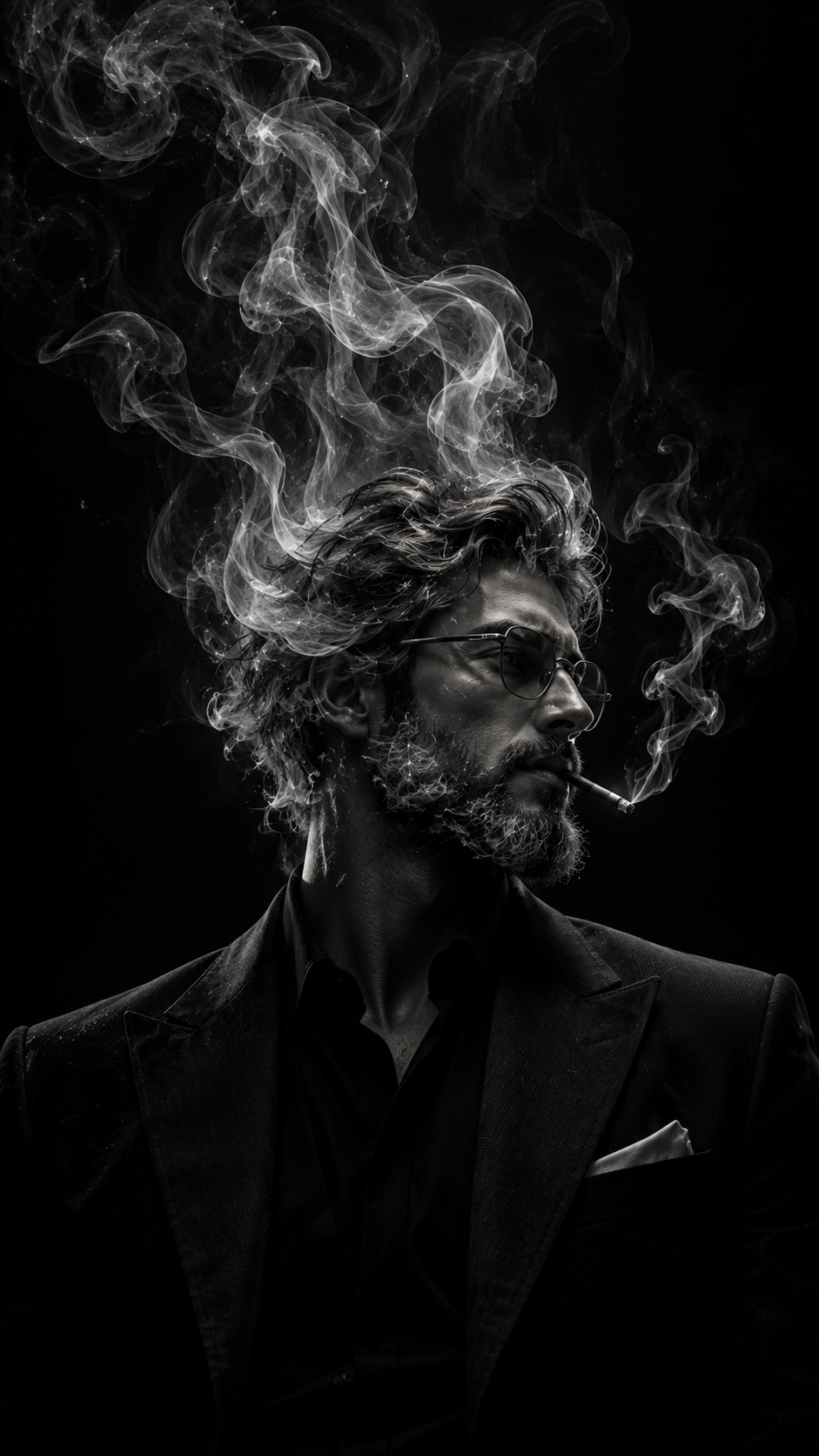 Monochrome portrait of a suited man with glasses and beard surrounded by flowing white smoke on a black background.