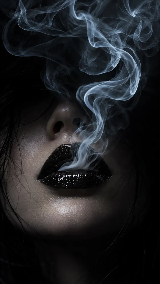 Extreme close-up of glossy black lips with pale luminous smoke curling upward against a dark background.