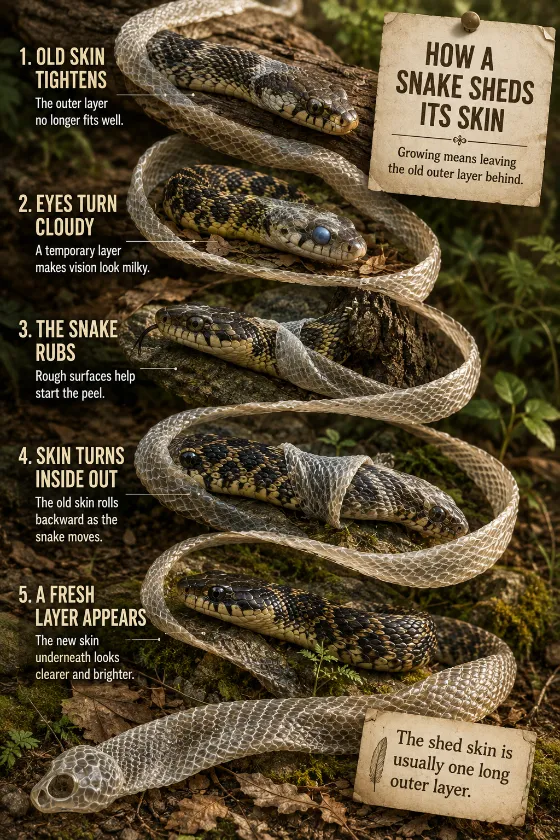 Educational snake shedding poster with a curling ribbon of pale shed skin connecting five realistic stages from dull old scales to a fresh glossy layer.