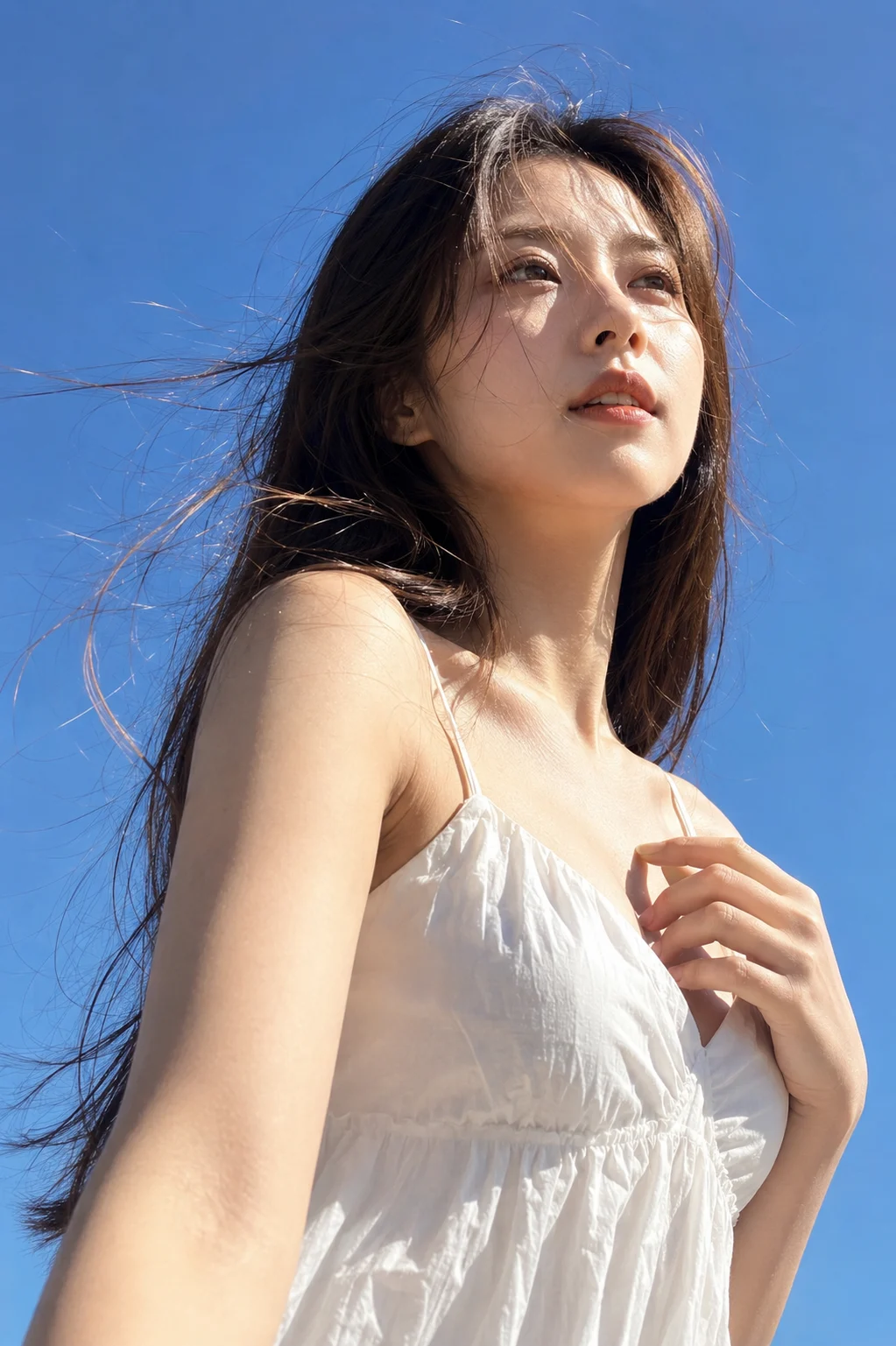 Young Asian woman in white spaghetti-strap summer dress outdoors, looking up at blue sky with wind-blown hair, low-angle iPhone photo.