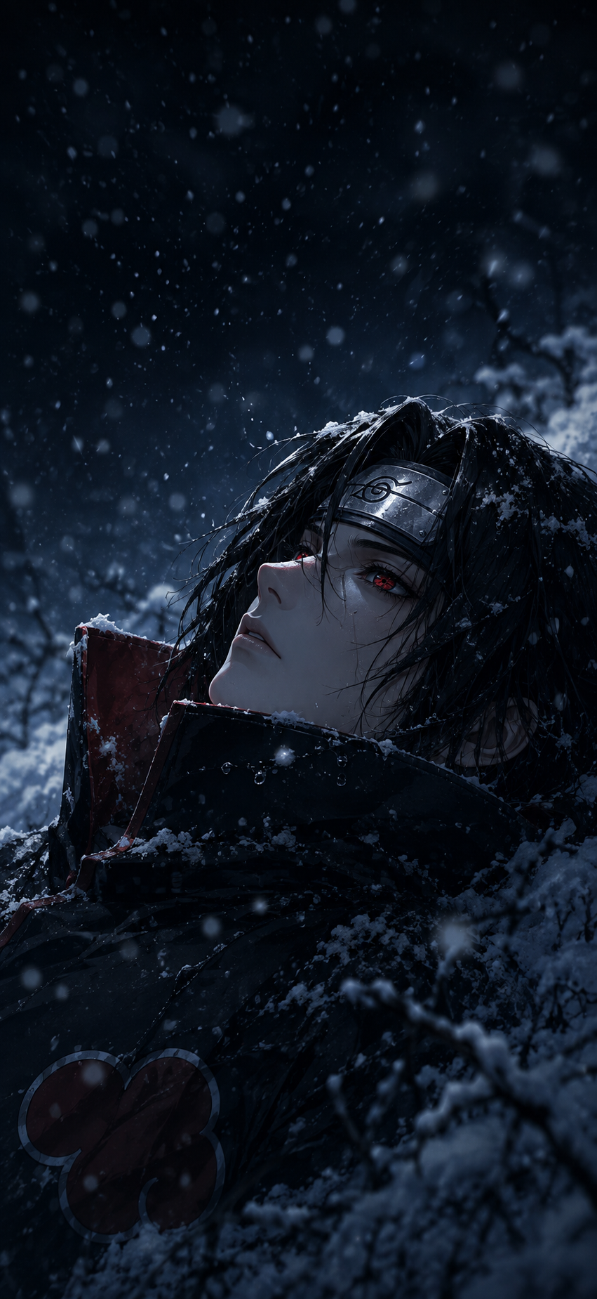 Dark anime-inspired character reclining in snow beneath falling flakes with a metallic forehead protector and crimson-red eye.