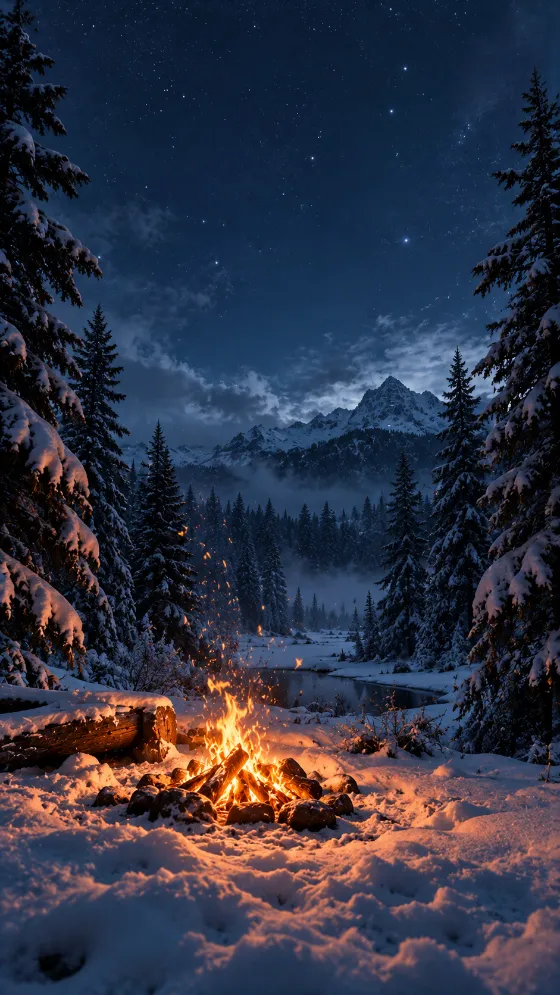 Glowing campfire in a snowy pine forest at blue hour with warm orange light reflecting across the snow.